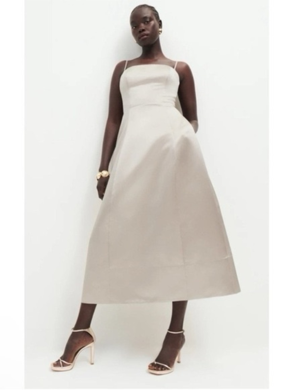 Reformation Satin-Finish Cream Midi Dress with Spaghetti Straps